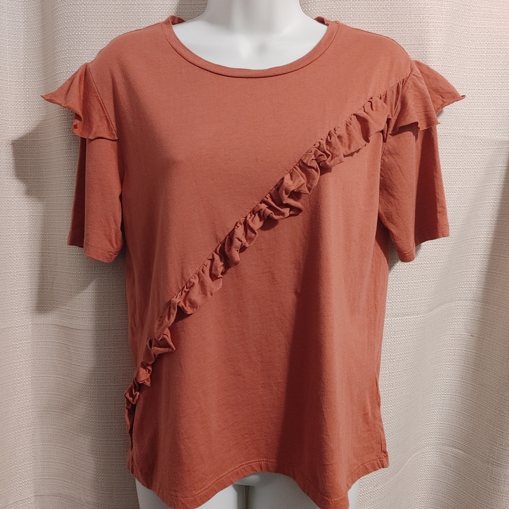 (5/$20) Dalia Women's Rust Orange Short Sleeve Ruffle Top Size M